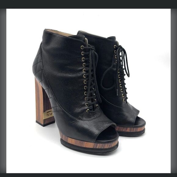 Chanel Quilted Open-Toe Lace-Up Boots 37.5 - Picture 1 of 9